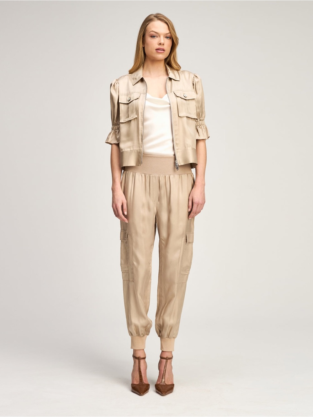 Cinq a Sept Holly Khaki Short Puff Sleeve Satin Utility Jacket Size Medium - Picture 14 of 15